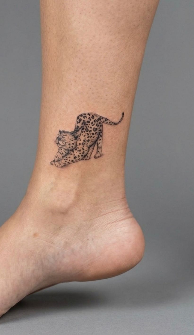 Tatuagem fineline de leopardo no tornozelo